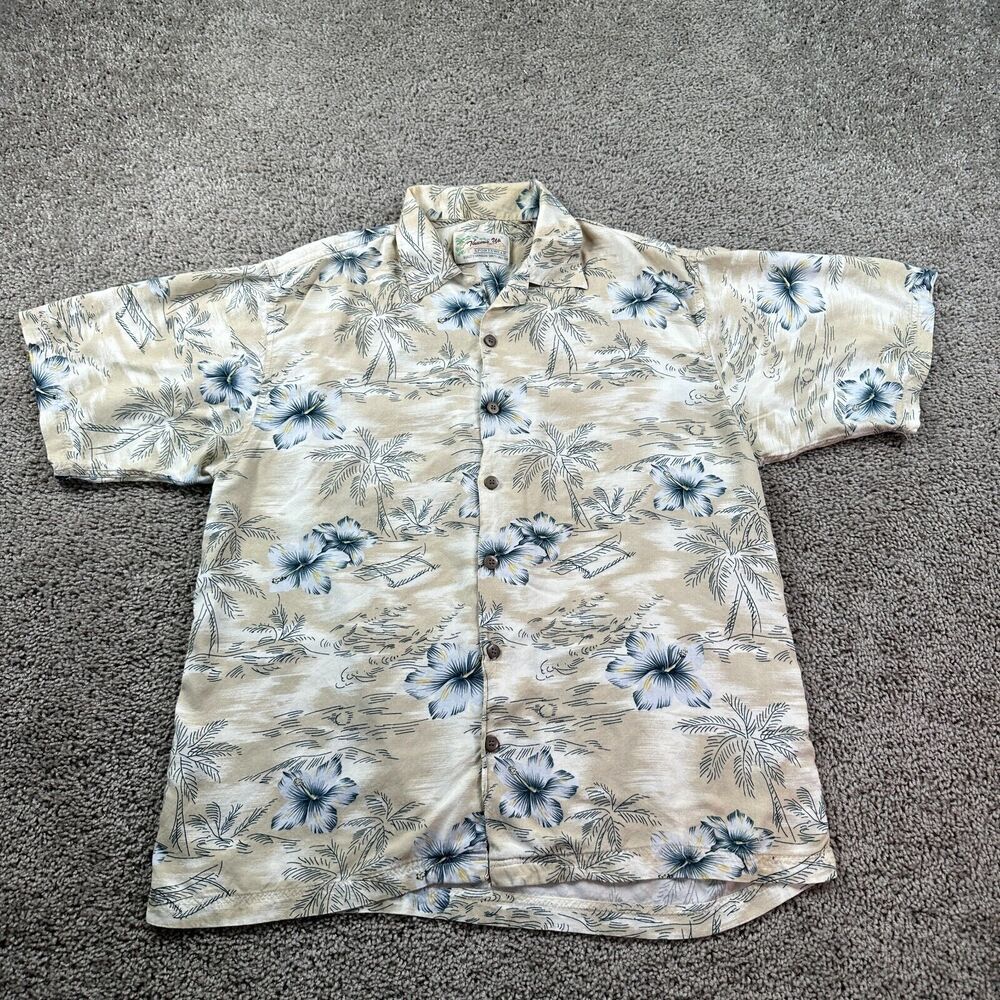 VINATAGE Thumbs Up Hawaiian Shirt Mens L Beige Blue Palm Island Stencil Rayon *